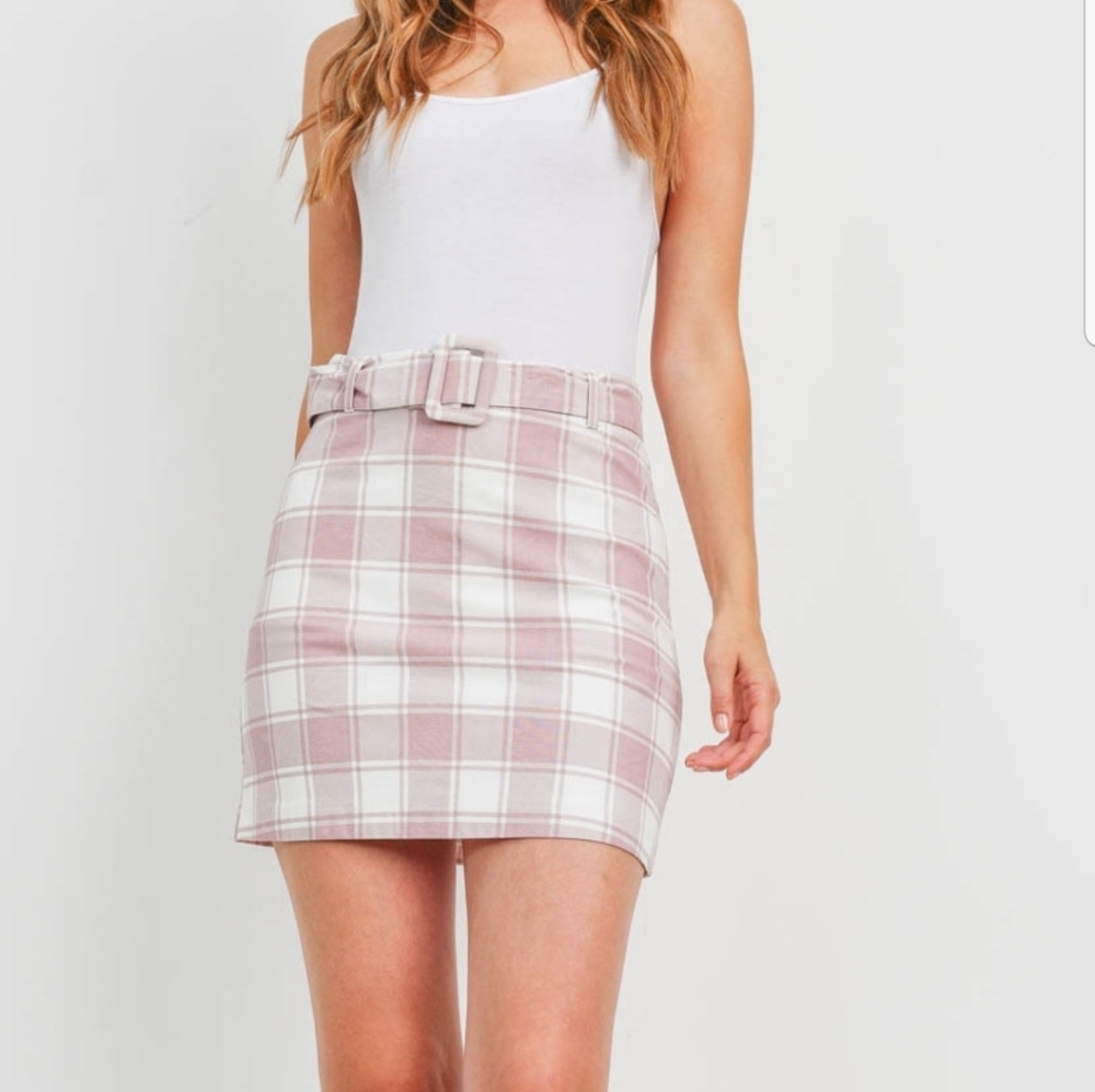Mittoshop Plaid Mauve & Ivory Belted Mini Skirt